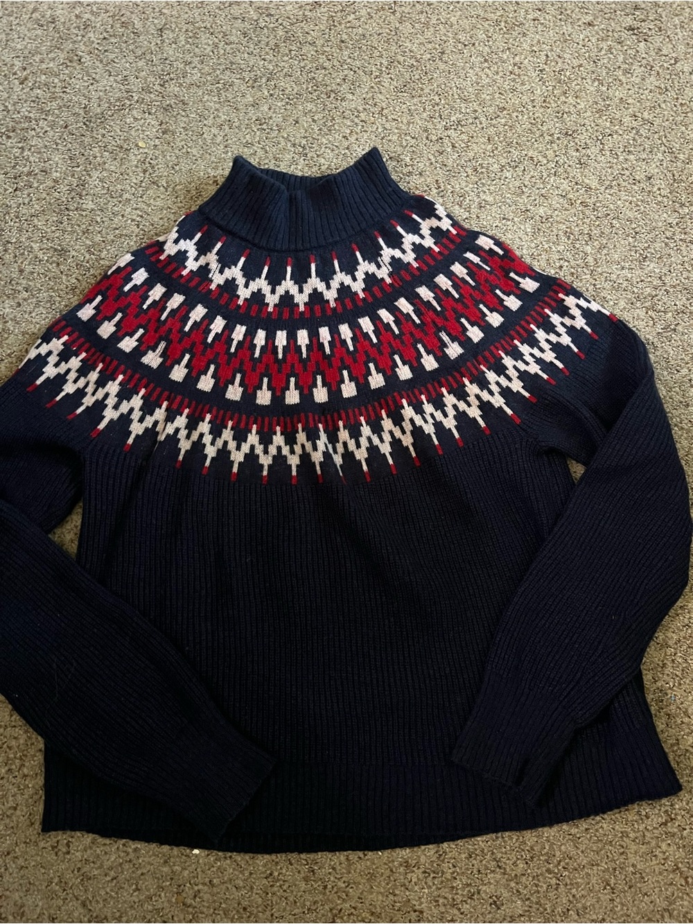 J. Crew Navy Fair Isle Turtleneck Sweater with Red and Cream Pattern